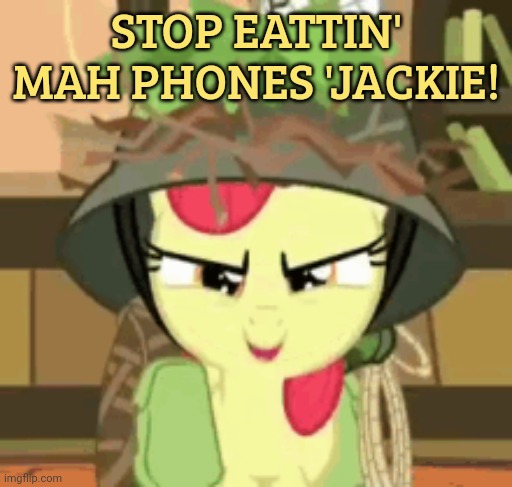 Bloom's iphone is gone | STOP EATTIN' MAH PHONES 'JACKIE! | image tagged in applebloom,iphone,mlp | made w/ Imgflip meme maker