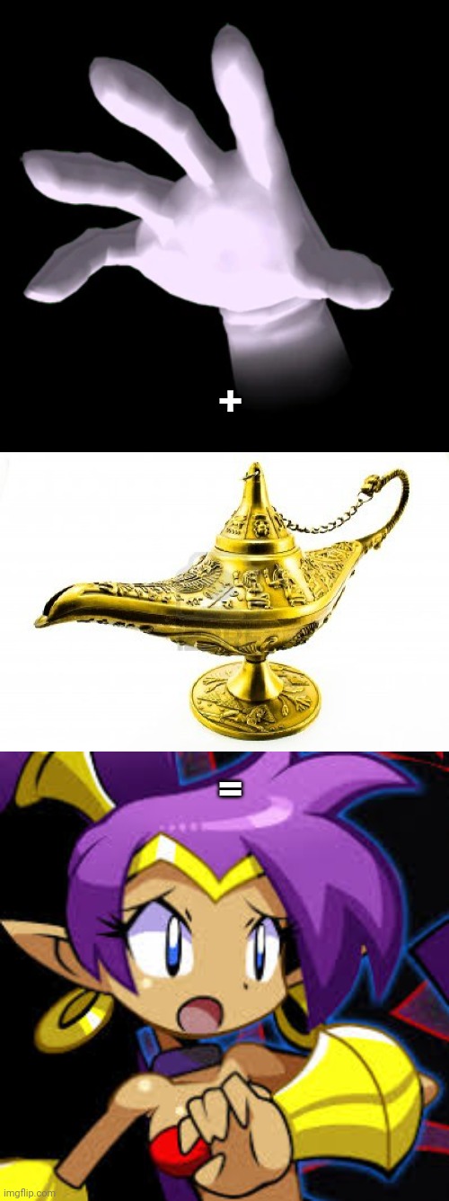 HE HE HE HA | +; = | image tagged in master hand,genie lamp,shantae scared | made w/ Imgflip meme maker