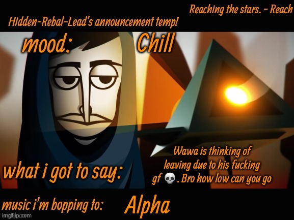 L move | Chill; Wawa is thinking of leaving due to his fucking gf 💀. Bro how low can you go; Alpha | image tagged in hidden-rebal-leads announcement temp,memes,funny,sammy | made w/ Imgflip meme maker