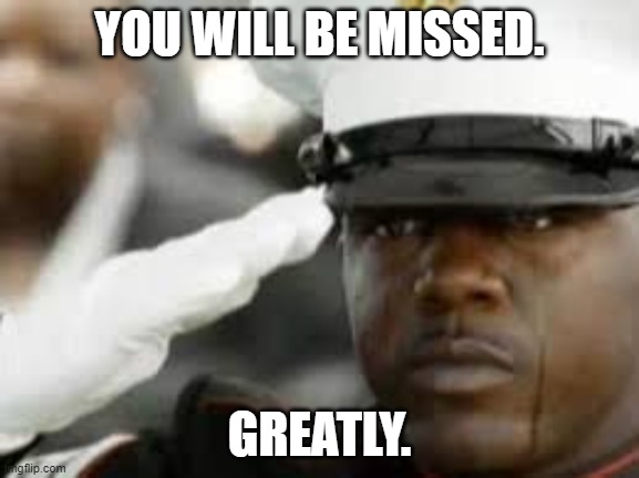 Sad salute | YOU WILL BE MISSED. GREATLY. | image tagged in sad salute | made w/ Imgflip meme maker