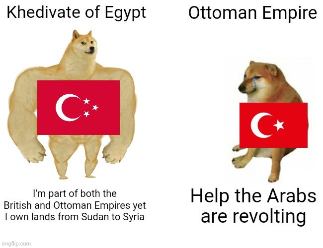 Buff Doge vs. Cheems | Khedivate of Egypt; Ottoman Empire; I'm part of both the British and Ottoman Empires yet I own lands from Sudan to Syria; Help the Arabs are revolting | image tagged in memes,buff doge vs cheems | made w/ Imgflip meme maker