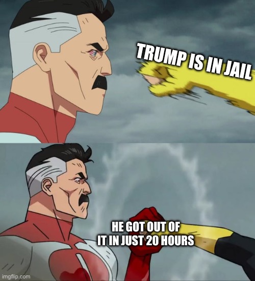 Omni Man blocks punch | TRUMP IS IN JAIL; HE GOT OUT OF IT IN JUST 20 HOURS | image tagged in omni man blocks punch | made w/ Imgflip meme maker