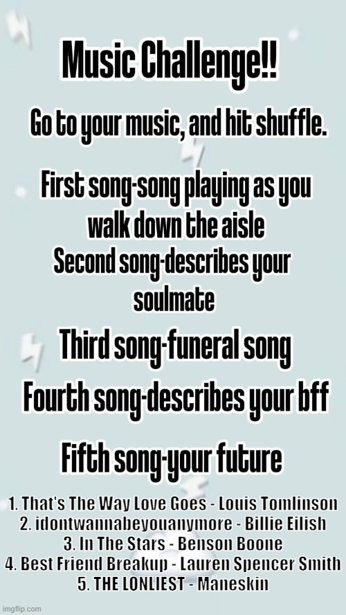 i found this and wanted to do it... i'm not sure what to think | 1. That's The Way Love Goes - Louis Tomlinson
2. idontwannabeyouanymore - Billie Eilish
3. In The Stars - Benson Boone
4. Best Friend Breakup - Lauren Spencer Smith
5. THE LONLIEST - Måneskin | image tagged in music challenge,life,depressed | made w/ Imgflip meme maker