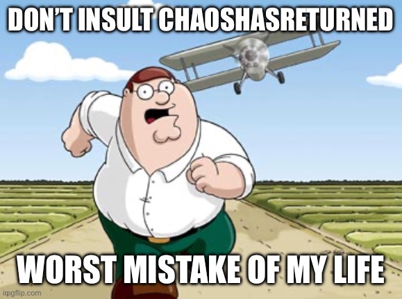 Peter Griffin running away from a plane | DON’T INSULT CHAOSHASRETURNED; WORST MISTAKE OF MY LIFE | image tagged in peter griffin running away from a plane | made w/ Imgflip meme maker