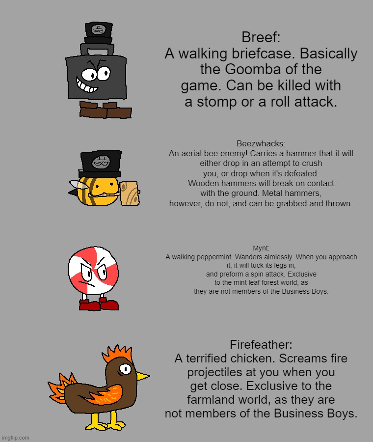 Funnyguy Freakout enemies, part 1! | Breef:
A walking briefcase. Basically the Goomba of the game. Can be killed with a stomp or a roll attack. Beezwhacks:
An aerial bee enemy! Carries a hammer that it will either drop in an attempt to crush you, or drop when it's defeated. Wooden hammers will break on contact with the ground. Metal hammers, however, do not, and can be grabbed and thrown. Mynt:
A walking peppermint. Wanders aimlessly. When you approach it, it will tuck its legs in, and preform a spin attack. Exclusive to the mint leaf forest world, as they are not members of the Business Boys. Firefeather:
A terrified chicken. Screams fire projectiles at you when you get close. Exclusive to the farmland world, as they are not members of the Business Boys. | made w/ Imgflip meme maker