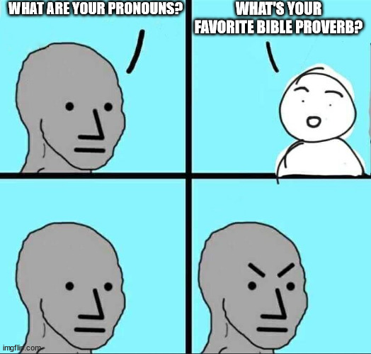 Angry NPC Meme | WHAT ARE YOUR PRONOUNS? WHAT'S YOUR FAVORITE BIBLE PROVERB? | image tagged in angry npc meme,TimPool | made w/ Imgflip meme maker
