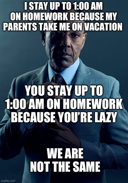 Homework | I STAY UP TO 1:00 AM ON HOMEWORK BECAUSE MY PARENTS TAKE ME ON VACATION; YOU STAY UP TO 1:00 AM ON HOMEWORK BECAUSE YOU’RE LAZY; WE ARE NOT THE SAME | image tagged in gus fring we are not the same | made w/ Imgflip meme maker