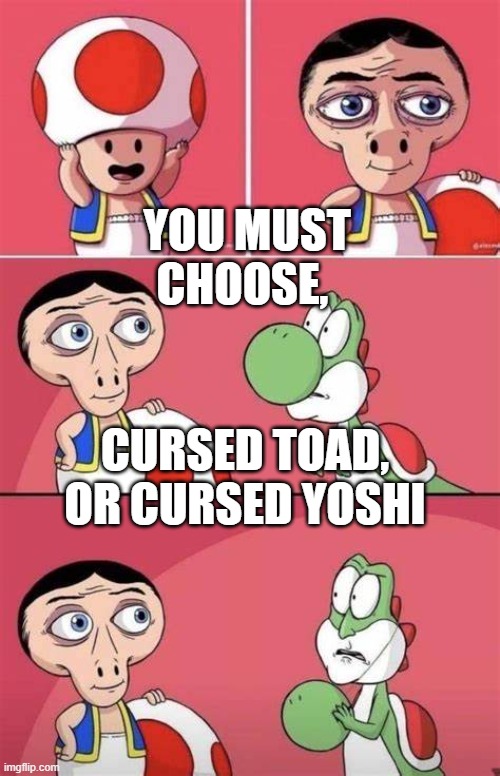 which one would you choose to be your companion? | YOU MUST CHOOSE, CURSED TOAD, OR CURSED YOSHI | image tagged in yoshi,mario,toad,cursed image | made w/ Imgflip meme maker