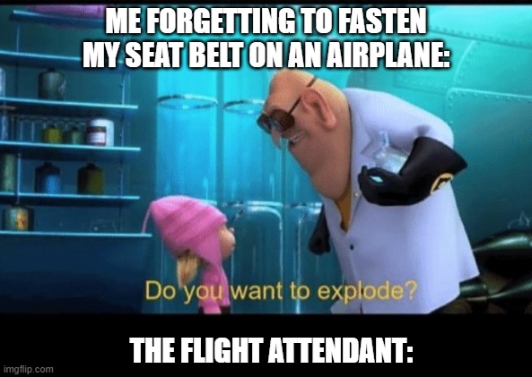 Do you want to explode | ME FORGETTING TO FASTEN MY SEAT BELT ON AN AIRPLANE:; THE FLIGHT ATTENDANT: | image tagged in do you want to explode | made w/ Imgflip meme maker