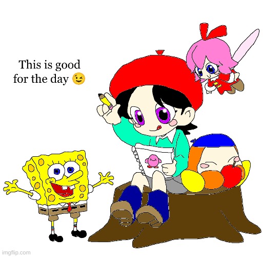 Cute Adeleine and Ribbon drawing (featuring Spongebob Squarepants) | image tagged in spongebob,kirby,fanart,crossover,funny,memes | made w/ Imgflip meme maker