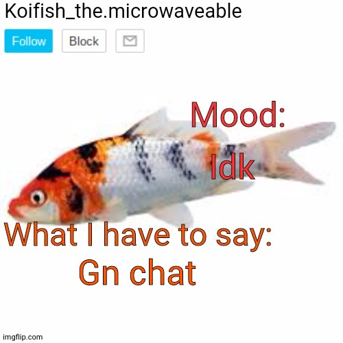 Koifish_the.microwaveable announcement | Idk; Gn chat | image tagged in koifish_the microwaveable announcement | made w/ Imgflip meme maker