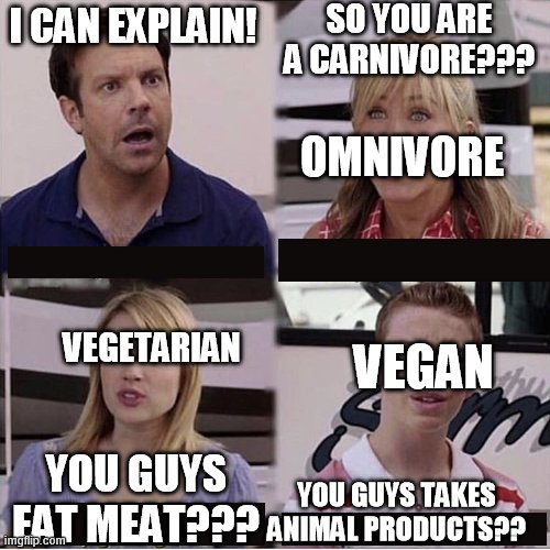 -_-|| | SO YOU ARE A CARNIVORE??? I CAN EXPLAIN! OMNIVORE; VEGETARIAN; VEGAN; YOU GUYS EAT MEAT??? YOU GUYS TAKES ANIMAL PRODUCTS?? | image tagged in you guys are getting paid template,vegan,carnivores,omnivores,vegetarians | made w/ Imgflip meme maker
