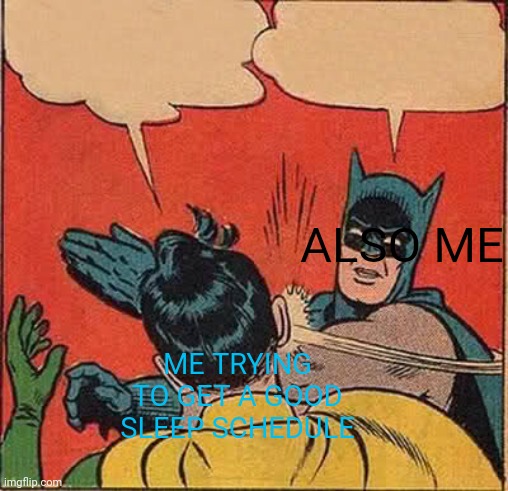 No title idea | ALSO ME; ME TRYING TO GET A GOOD SLEEP SCHEDULE | image tagged in memes,batman slapping robin | made w/ Imgflip meme maker
