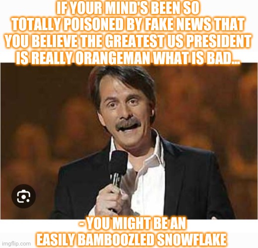 Jeff Says You Might Be | IF YOUR MIND'S BEEN SO TOTALLY POISONED BY FAKE NEWS THAT YOU BELIEVE THE GREATEST US PRESIDENT IS REALLY ORANGEMAN WHAT IS BAD... - YOU MIGHT BE AN EASILY BAMBOOZLED SNOWFLAKE | image tagged in stop,democrat,government corruption,vote,president trump | made w/ Imgflip meme maker