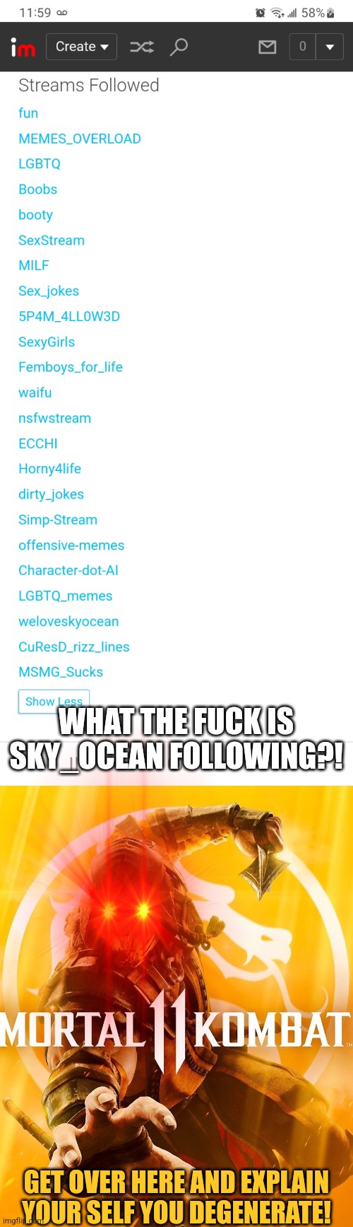 Wtf dude?!?! WHY IS HE INTO THAT SICK SHIT?!?!?! | WHAT THE FUCK IS SKY_OCEAN FOLLOWING?! GET OVER HERE AND EXPLAIN YOUR SELF YOU DEGENERATE! | image tagged in wtf,anti furry,furry,why does this exist | made w/ Imgflip meme maker