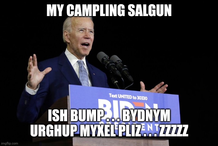 Biden speech | MY CAMPLING SALGUN ISH BUMP . . . BYDNYM URGHUP MYXEL PLIZ . . . ZZZZZ | image tagged in biden speech | made w/ Imgflip meme maker