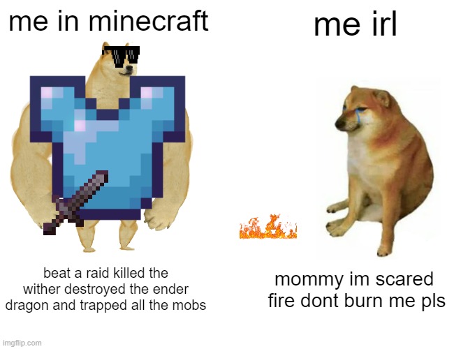 i should touch grass | me in minecraft; me irl; beat a raid killed the wither destroyed the ender dragon and trapped all the mobs; mommy im scared 
fire dont burn me pls | image tagged in memes,buff doge vs cheems | made w/ Imgflip meme maker