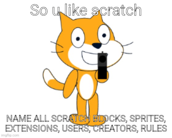 (Cat blocks count? -Spiral) | So u like scratch; NAME ALL SCRATCH BLOCKS, SPRITES, EXTENSIONS, USERS, CREATORS, RULES | image tagged in scratch cat gun | made w/ Imgflip meme maker