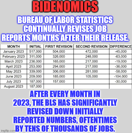 The numbers don't reflect the Americans being replaced by illegals... | BIDENOMICS BUREAU OF LABOR STATISTICS CONTINUALLY REVISES JOB REPORTS MONTHS AFTER THEIR RELEASE. AFTER EVERY MONTH IN 2023, THE BLS HAS SIG | image tagged in biden,economics,illegal aliens,remove,americans | made w/ Imgflip meme maker