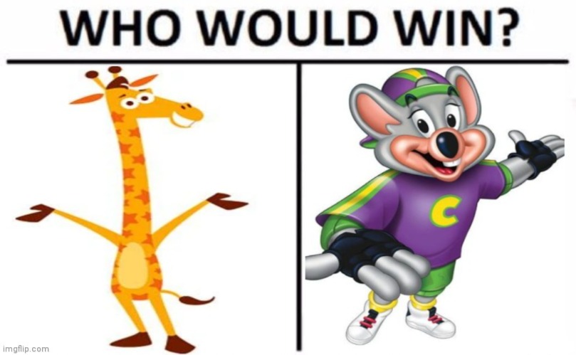 Geoffrey the giraffe vs Chuck e cheese | image tagged in funny memes,who would win,geoffrey the giraffe vs chuck e cheese,cartoon beatbox battles,cartoon battles,regular fight battles | made w/ Imgflip meme maker