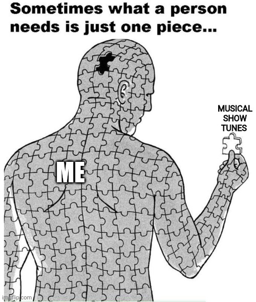 I love musical show tunes | MUSICAL SHOW TUNES; ME | image tagged in sometimes what a person needs is just one piece,musicals | made w/ Imgflip meme maker