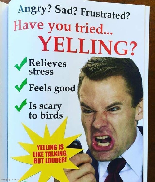 Have you yelled yet? | image tagged in yelling,relieved | made w/ Imgflip meme maker