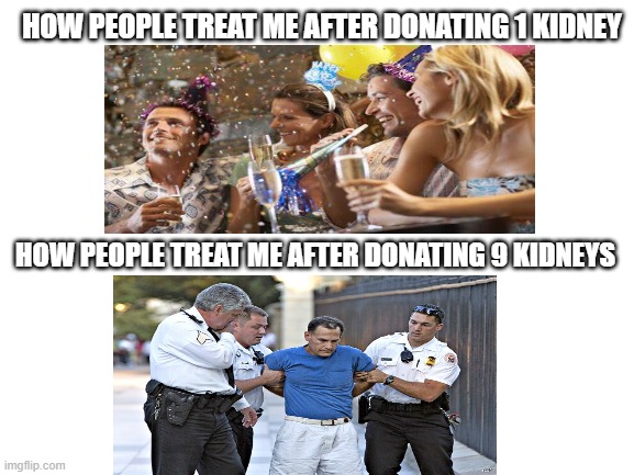 Blank White Template | HOW PEOPLE TREAT ME AFTER DONATING 1 KIDNEY; HOW PEOPLE TREAT ME AFTER DONATING 9 KIDNEYS | image tagged in blank white template | made w/ Imgflip meme maker