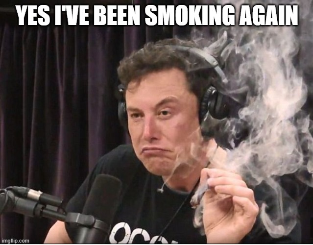 Elon Musk smoking a joint | YES I'VE BEEN SMOKING AGAIN | image tagged in elon musk smoking a joint | made w/ Imgflip meme maker