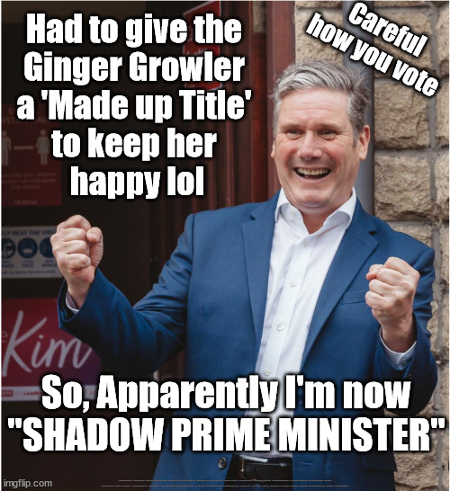 Starmer - Apparently I'm now"SHADOW PRIME MINISTER" | Had to give the 
Ginger Growler 
a 'Made up Title' 
to keep her 
happy lol; Careful
how you vote; So, Apparently I'm now
"SHADOW PRIME MINISTER"; #Immigration #Starmerout #Labour #wearecorbyn #KeirStarmer #DianeAbbott #McDonnell #cultofcorbyn #labourisdead #labourracism #socialistsunday #nevervotelabour #socialistanyday #Antisemitism #Savile #SavileGate #Paedo #Worboys #GroomingGangs #Paedophile #IllegalImmigration #Immigrants #Invasion #StarmerResign #Starmeriswrong #SirSoftie #SirSofty #Blair #Steroids #Economy #AR4PM #ShadowPM #ShadowDeputyPM #Rayner #AngelaRayner | image tagged in kieth starmer,shadow deputy prime minister,shadow  prime minister,labour deputy leader,shadow secretary of state,labourisdead | made w/ Imgflip meme maker