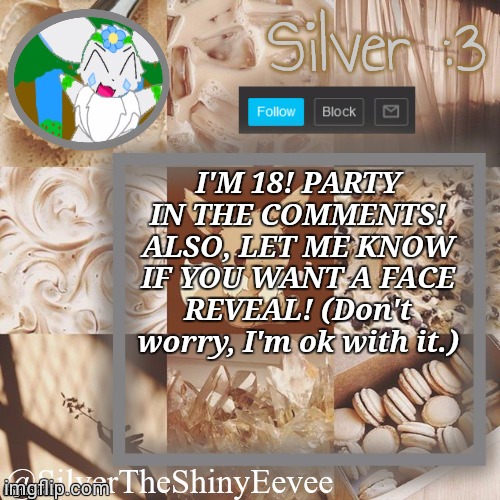 LET'S GO!! | I'M 18! PARTY IN THE COMMENTS! ALSO, LET ME KNOW IF YOU WANT A FACE REVEAL! (Don't worry, I'm ok with it.) | image tagged in silvertheshinyeevee announcement temp v2 | made w/ Imgflip meme maker