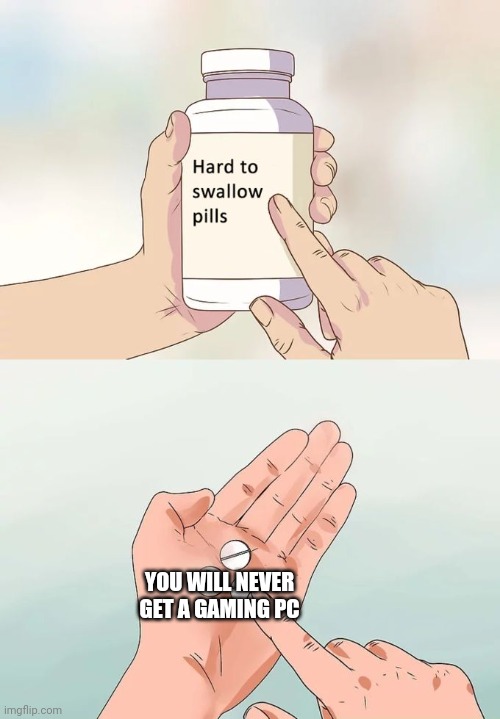 Hard To Swallow Pills | YOU WILL NEVER GET A GAMING PC | image tagged in memes,hard to swallow pills,gaming,pc gaming | made w/ Imgflip meme maker