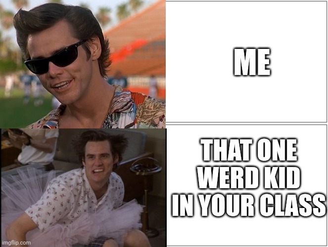 That one kid | ME; THAT ONE WERD KID IN YOUR CLASS | image tagged in memes,blank comic panel 2x2,ace ventura | made w/ Imgflip meme maker