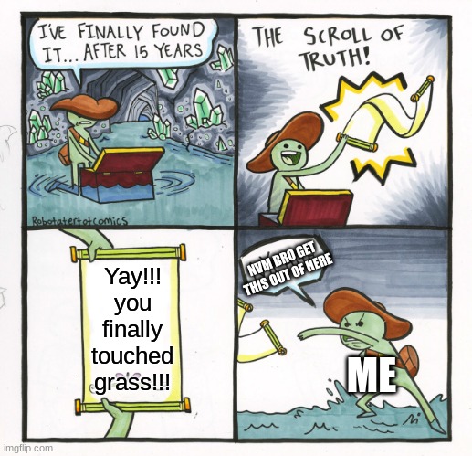 YOU HAVE NOW TOUCHED GRASS!!!! | NVM BRO GET THIS OUT OF HERE; Yay!!! you finally touched grass!!! ME | image tagged in memes,the scroll of truth | made w/ Imgflip meme maker