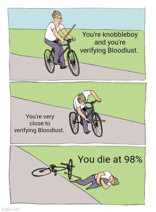 RIP knobbleboy | You're knobbleboy and you're verifying Bloodlust. You're very close to verifying Bloodlust. You die at 98% | image tagged in memes,bike fall | made w/ Imgflip meme maker