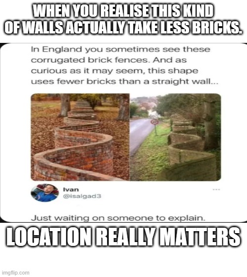 Blank White Template | WHEN YOU REALISE THIS KIND OF WALLS ACTUALLY TAKE LESS BRICKS. LOCATION REALLY MATTERS | image tagged in blank white template | made w/ Imgflip meme maker