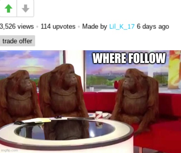 WHERE FOLLOW | image tagged in where monkey | made w/ Imgflip meme maker