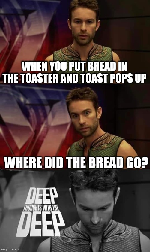 Deep Thoughts with the Deep | WHEN YOU PUT BREAD IN THE TOASTER AND TOAST POPS UP; WHERE DID THE BREAD GO? | image tagged in deep thoughts with the deep | made w/ Imgflip meme maker