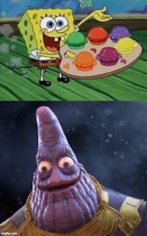 Finally, I have them all | image tagged in repost,spongebob,thanos infinity stones,thanos,cursed | made w/ Imgflip meme maker