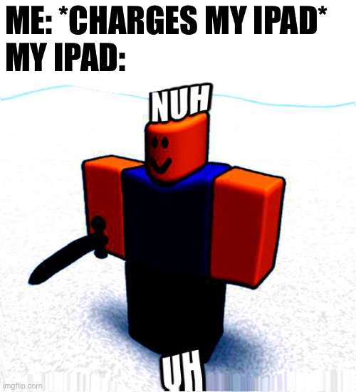 WHY BRUH | ME: *CHARGES MY IPAD*
MY IPAD: | image tagged in apple,ipad,roblox,noob,roblox noob,relatable | made w/ Imgflip meme maker
