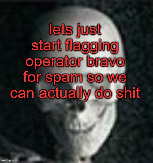 . | lets just start flagging operator bravo for spam so we can actually do shit | image tagged in skull | made w/ Imgflip meme maker