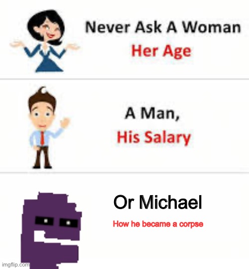 Because so many people keep using this for where your children are. | Or Michael; How he became a corpse | image tagged in never ask a woman her age,fnaf | made w/ Imgflip meme maker