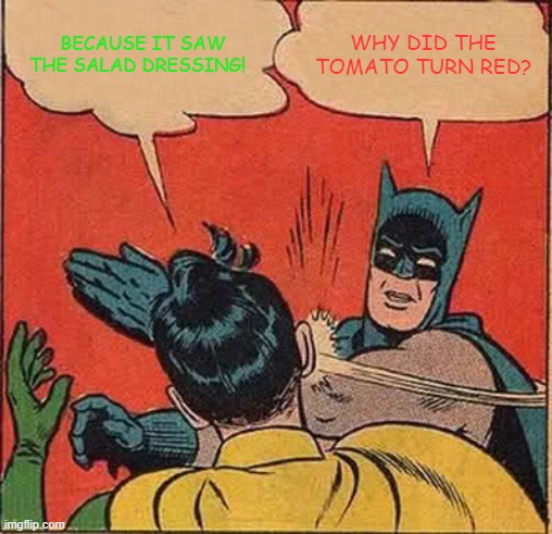 Batman Slapping Robin Meme | BECAUSE IT SAW THE SALAD DRESSING! WHY DID THE TOMATO TURN RED? | image tagged in memes,batman slapping robin | made w/ Imgflip meme maker
