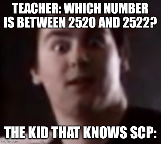 (REDACTED) | TEACHER: WHICH NUMBER IS BETWEEN 2520 AND 2522? THE KID THAT KNOWS SCP: | image tagged in scp | made w/ Imgflip meme maker