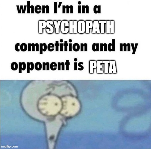 whe i'm in a competition and my opponent is | PSYCHOPATH; PETA | image tagged in whe i'm in a competition and my opponent is,peta,tags are fun to read | made w/ Imgflip meme maker