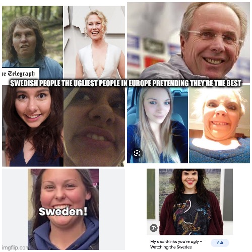 Swedish people the ugliest people in Europe | SWEDISH PEOPLE THE UGLIEST PEOPLE IN EUROPE PRETENDING THEY’RE THE BEST | image tagged in sweden,ugly,ugly girl,ugly guy,ugly woman,swedish | made w/ Imgflip meme maker
