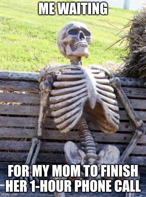 Waiting Skeleton | ME WAITING; FOR MY MOM TO FINISH HER 1-HOUR PHONE CALL | image tagged in memes,waiting skeleton | made w/ Imgflip meme maker