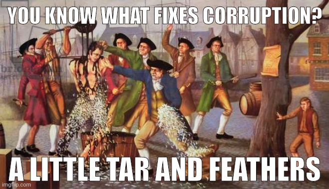 It worked then and it'll work now. | YOU KNOW WHAT FIXES CORRUPTION? A LITTLE TAR AND FEATHERS | image tagged in memes | made w/ Imgflip meme maker