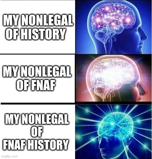 1234 | MY NONLEGAL OF HISTORY; MY NONLEGAL OF FNAF; MY NONLEGAL OF FNAF HISTORY | image tagged in expanding brain 3 panels | made w/ Imgflip meme maker