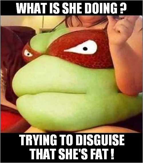 I'm Somewhere Between  Impressed And Horrified ! | WHAT IS SHE DOING ? TRYING TO DISGUISE THAT SHE'S FAT ! | image tagged in obese,teenage mutant ninja turtles,dark humour | made w/ Imgflip meme maker