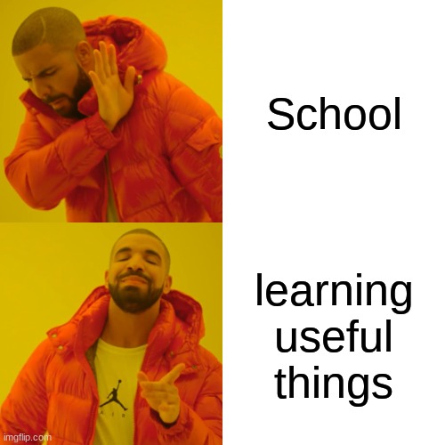 school | School; learning useful things | image tagged in memes,drake hotline bling | made w/ Imgflip meme maker